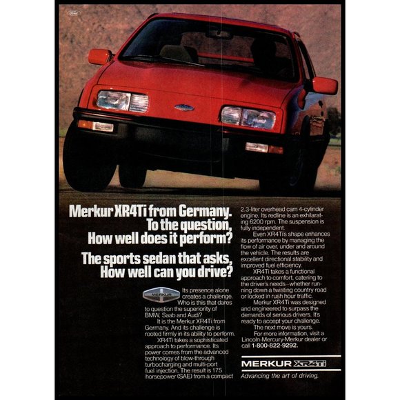 1986 Merkur CR4Ti German Sports Sedan Vintage Print Ad Red Curvy Road Wall Art - Picture 1 of 1